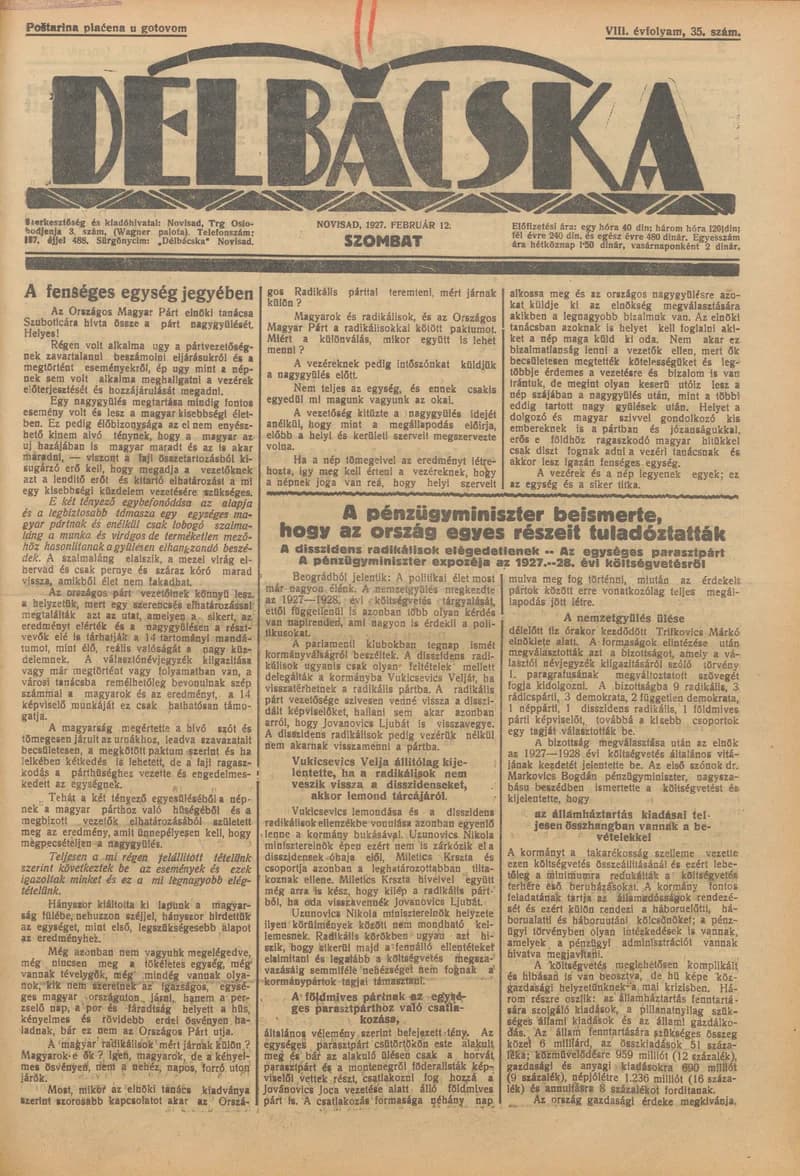 Délbácska, 8. évf. 1927. február 12. 35. sz.