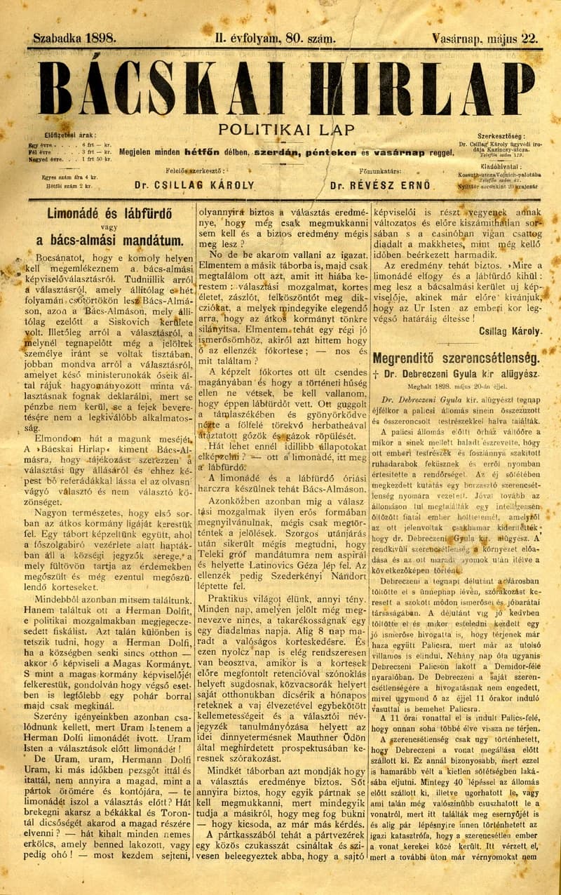 Bácskai Hirlap, 2. évf. 1898. május 22. 80. sz. 1–4. oldal