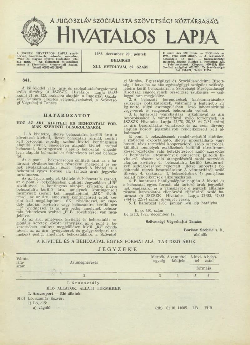 A Jugoszláv Szocialista Szövetségi Köztársaság Hivatalos Lapja, 41. évf. 1985. december 20. 69. sz. 1745–1920. oldal