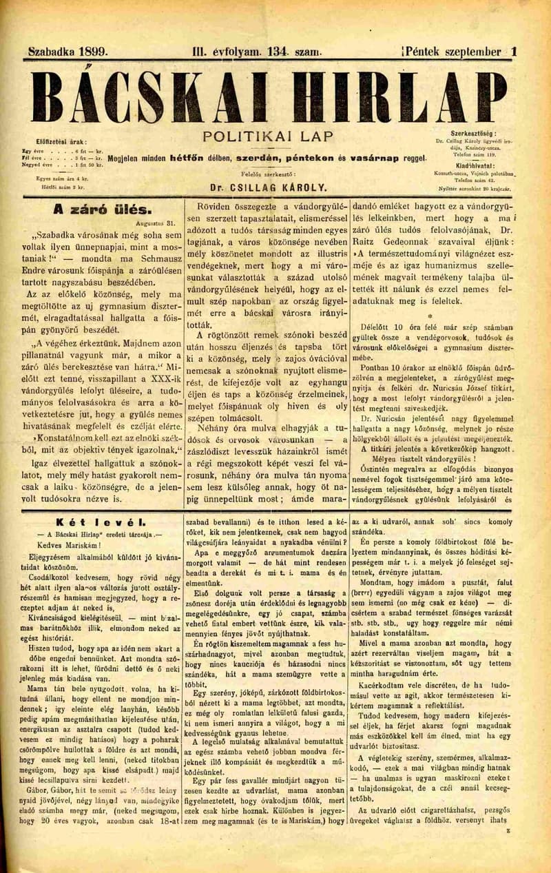 Bácskai Hirlap, 3. évf. 1899. szeptember 1. 134. sz.