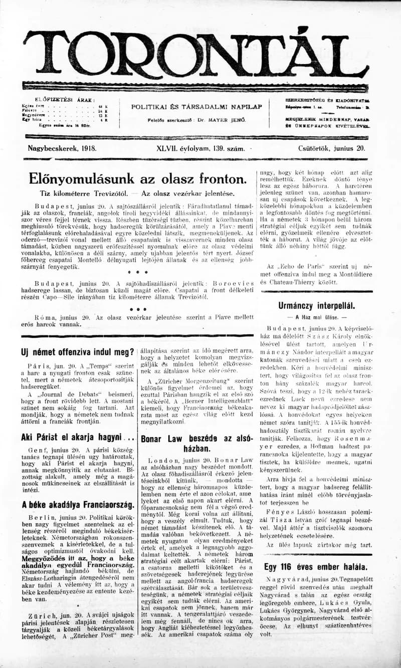 Torontál, 47. évf. 1918. június 20. 139. sz.