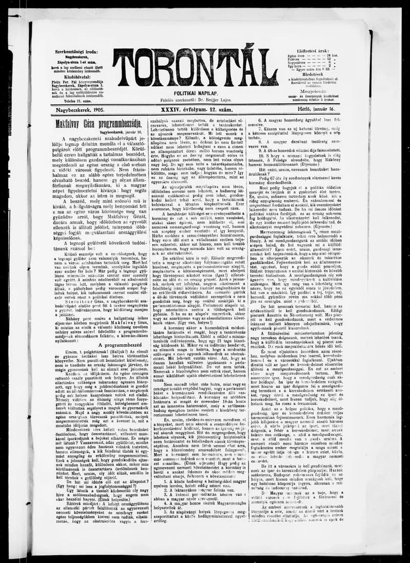 Torontál, 34. évf. 1905. január 16. 12. sz.