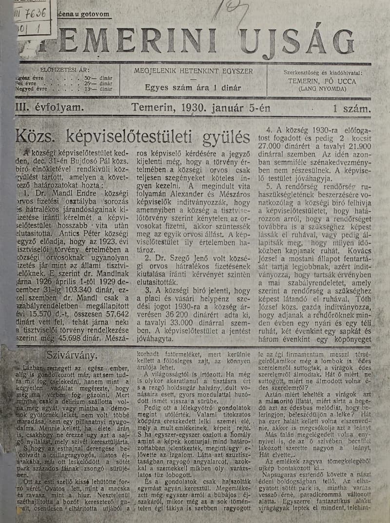 Temerini Újság 1928-1944, 3. évf. 1930. január 5. 1. sz.
