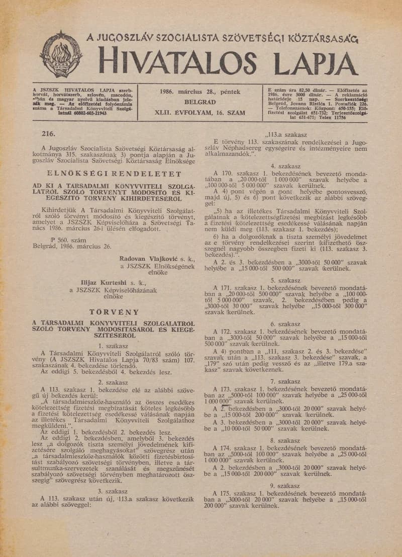 A Jugoszláv Szocialista Szövetségi Köztársaság Hivatalos Lapja, 42. évf. 1986. március 28. 16. sz. 413–456. oldal