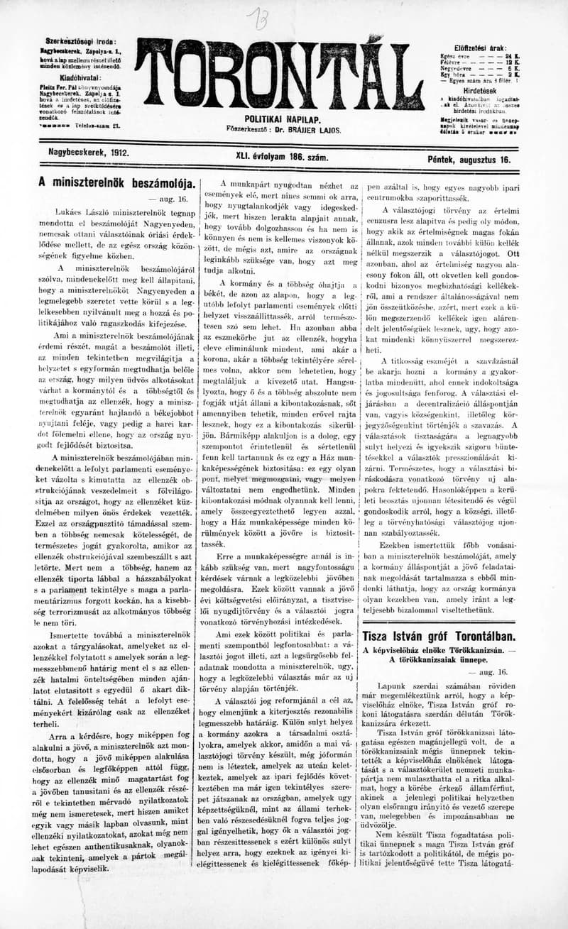 Torontál, 41. évf. 1912. augusztus 16. 186. sz.