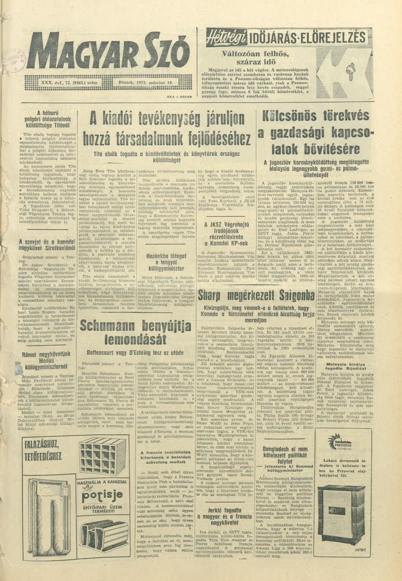 Magyar Szó, 30. évf. 1973. március 16. 73. sz. 1–14. oldal