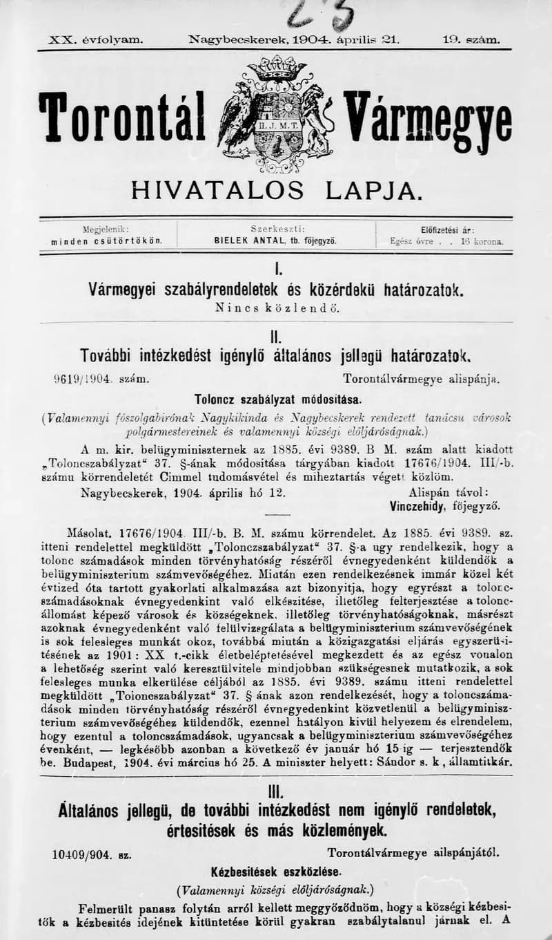 Torontál Vármegye Hivatalos Lapja, 20. évf. 1904. április 21. 19. sz.