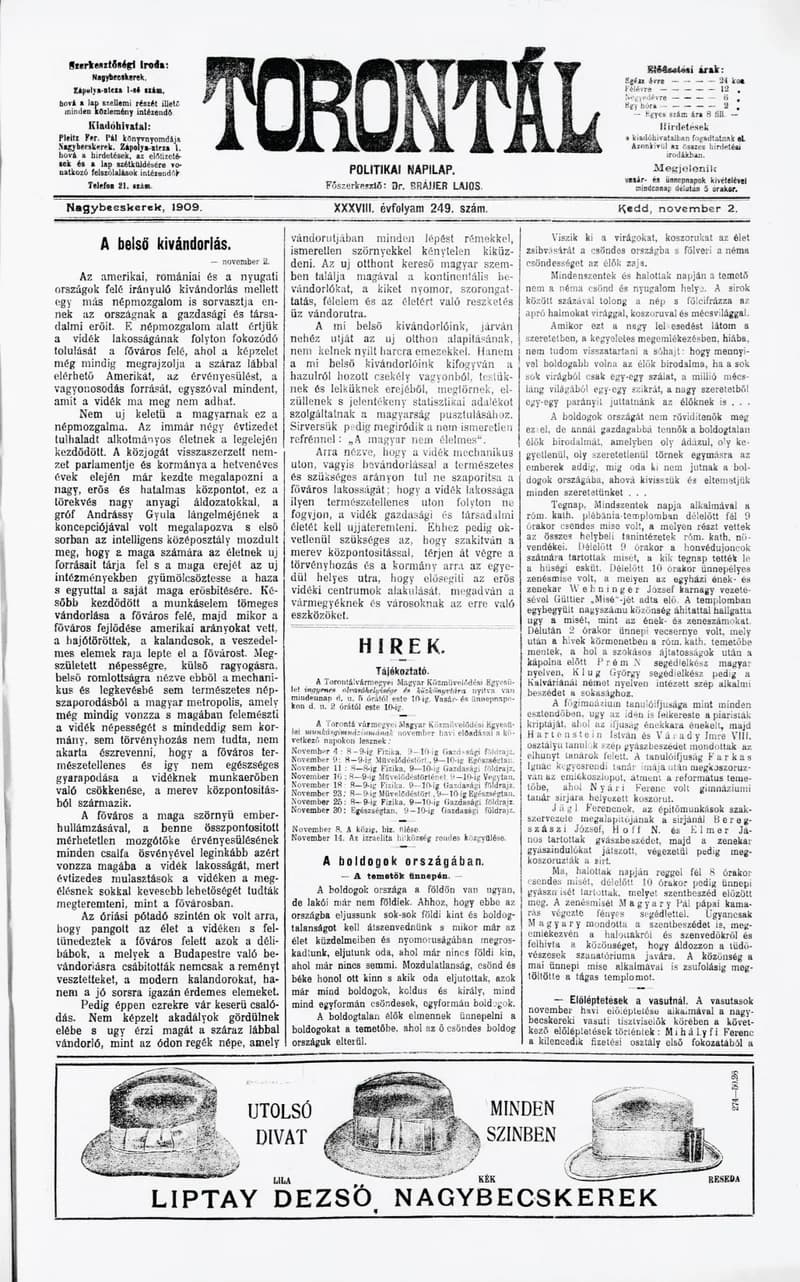 Torontál, 38. évf. 1909. november 2. 249. sz.