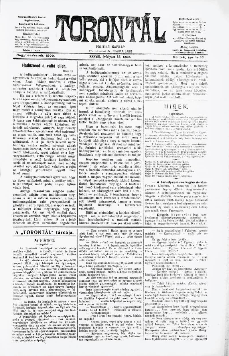Torontál, 38. évf. 1909. április 16. 86. sz.