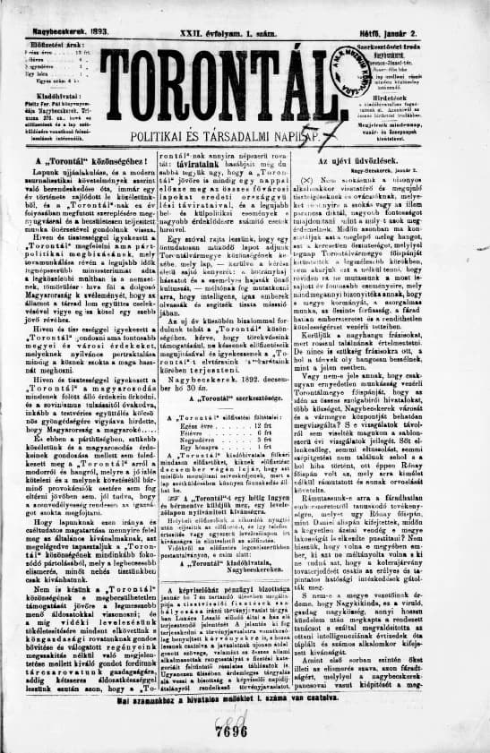 Torontál, 22. évf. 1893. január 2. 1. sz.