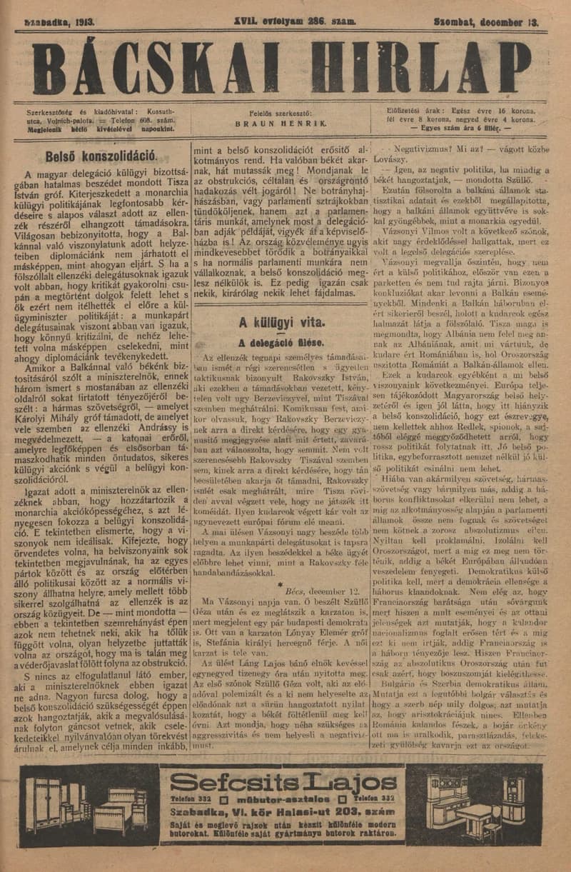 Bácskai Hirlap, 17. évf. 1913. december 10. 286. sz.