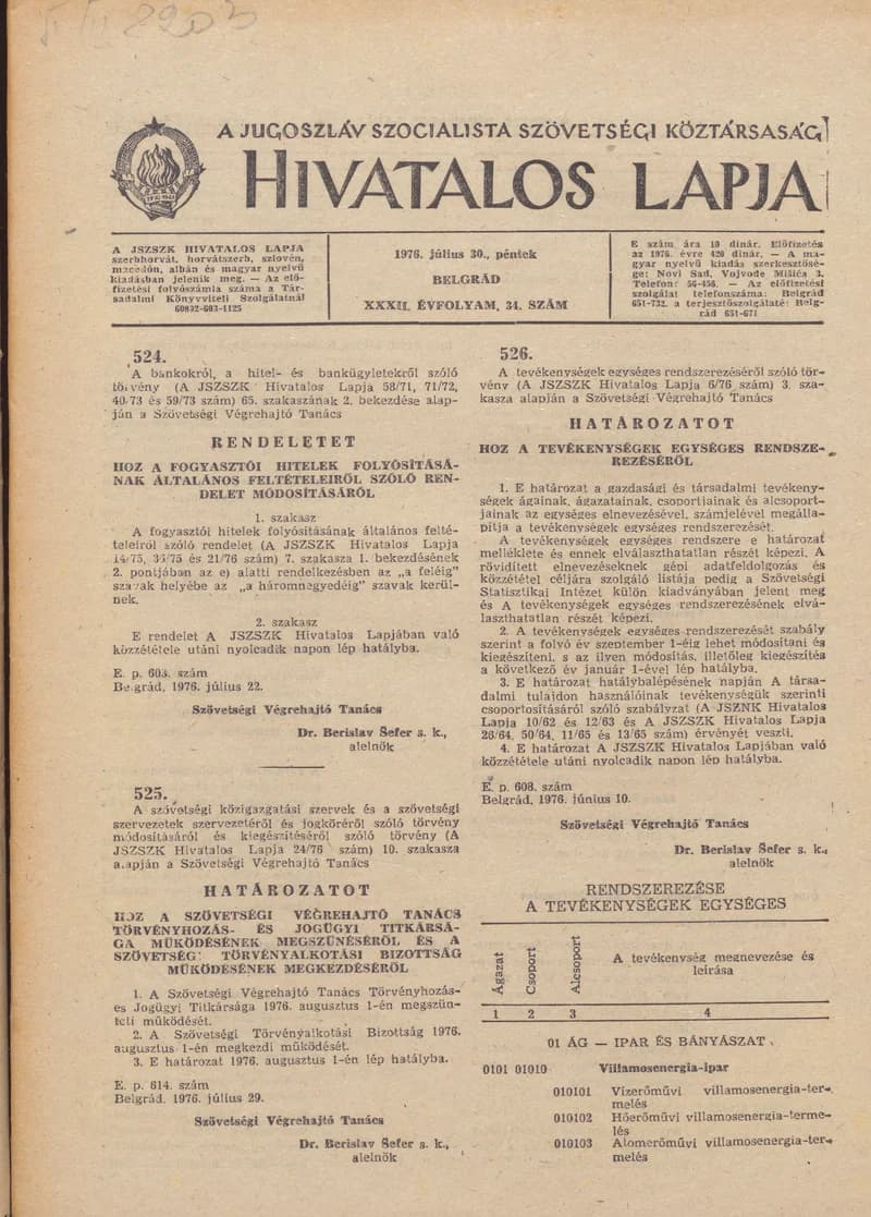 A Jugoszláv Szocialista Szövetségi Köztársaság Hivatalos Lapja, 32. évf. 1976. július 30. 34. sz. 877–916. oldal