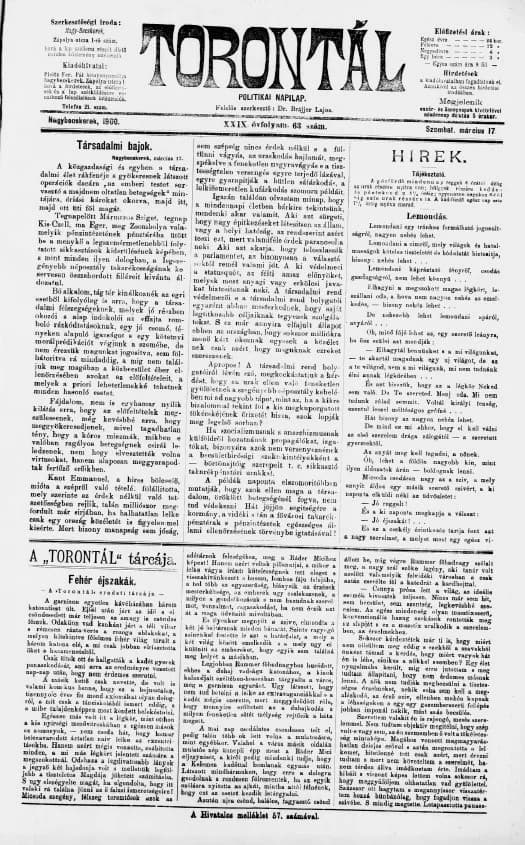 Torontál, 29. évf. 1900. március 17. 63. sz.