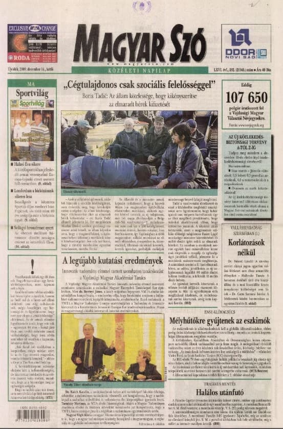 Magyar Szó, 66. évf. 2009. december 14. 292. sz. 1–16. oldal