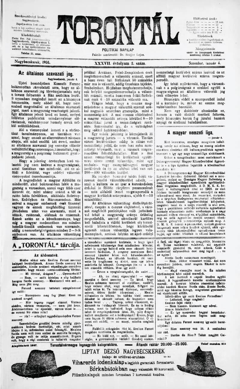 Torontál, 37. évf. 1908. január 4. 3. sz.