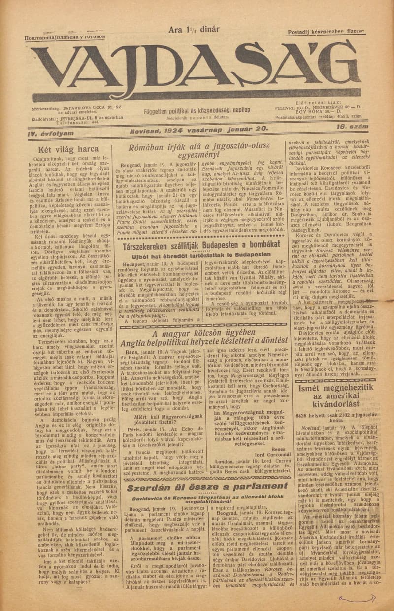 Vajdaság, 4. évf. 1924. január 20. 16. sz.