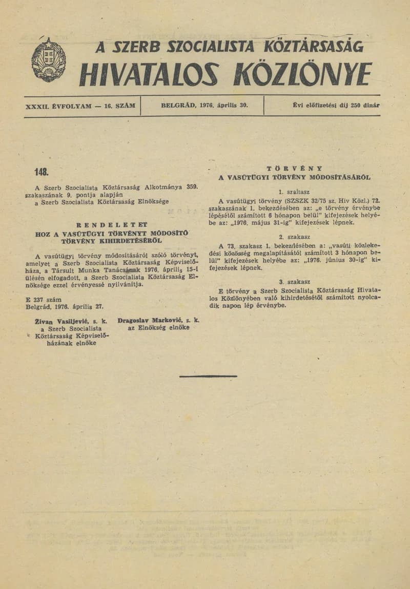 A Szerb Szocialista Köztársaság Hivatalos Közlönye, 32. évf. 1976. április 30. 16. sz. 3–4. oldal