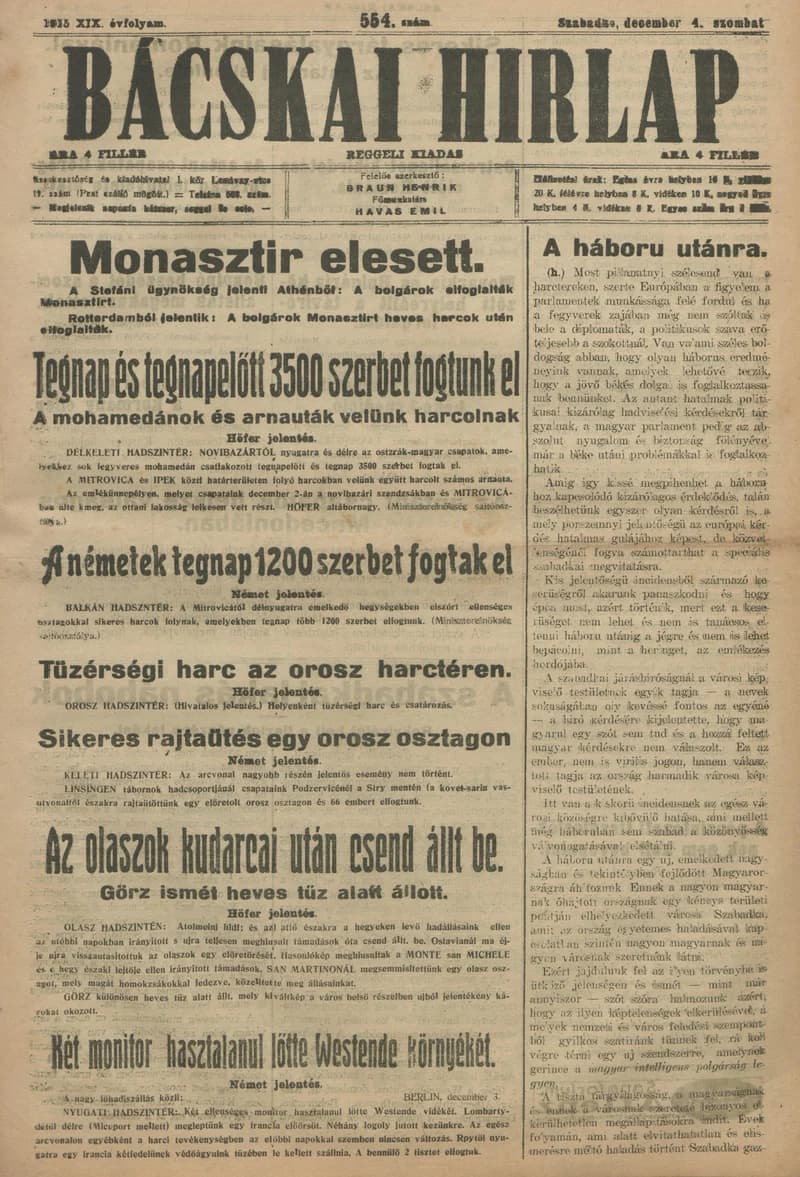 Bácskai Hirlap, 19. évf. 1915. december 4. 554. sz.