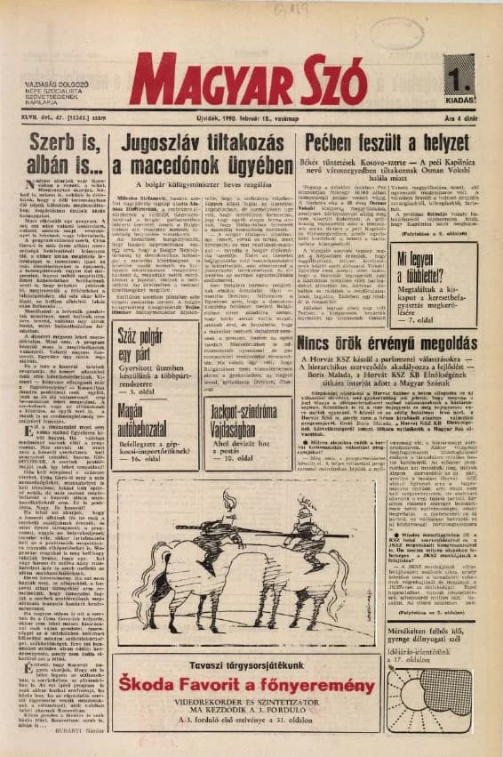 Magyar Szó, 47. évf. 1990. február 18. 47. sz. 1–32. oldal