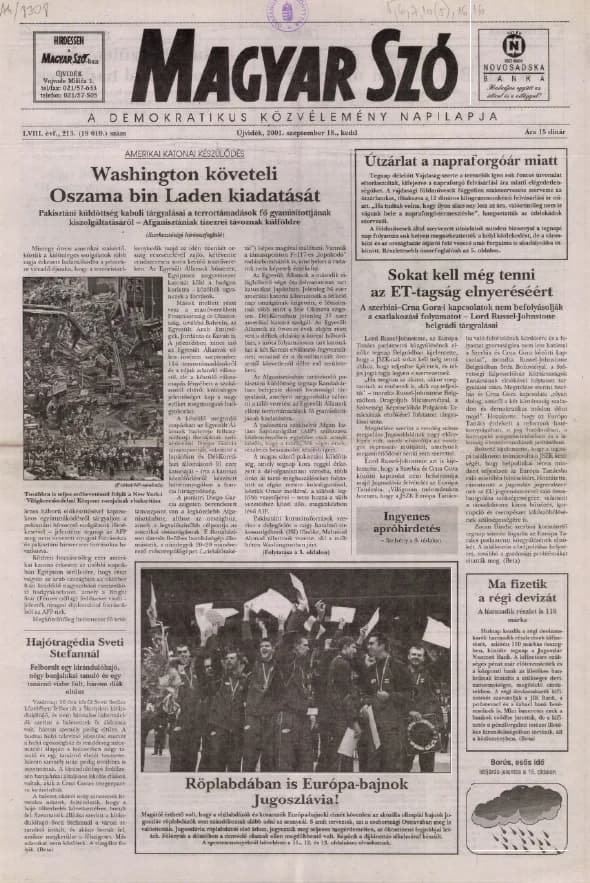 Magyar Szó, 58. évf. 2001. szeptember 18. 213. sz. 1–16. oldal