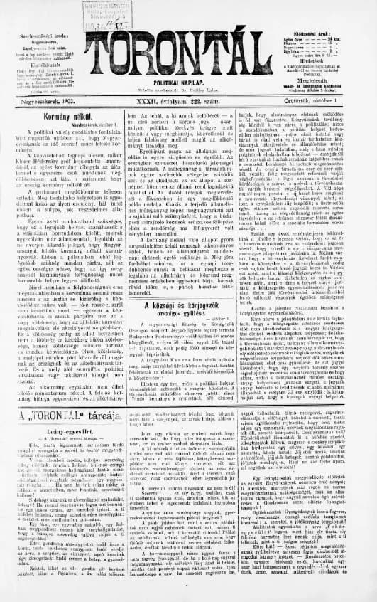 Torontál, 32. évf. 1903. október 1. 222. sz.