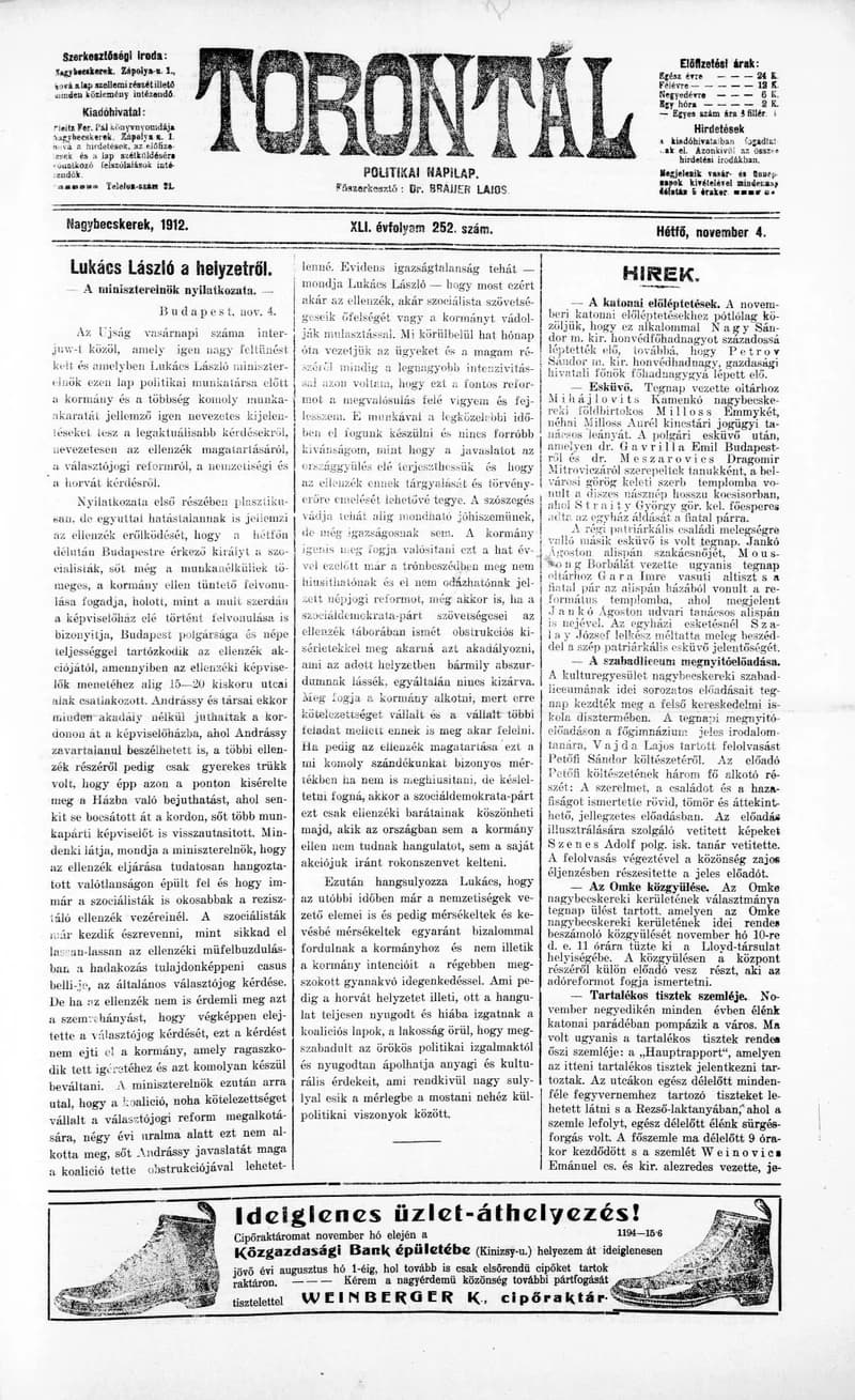 Torontál, 41. évf. 1912. november 4. 252. sz.