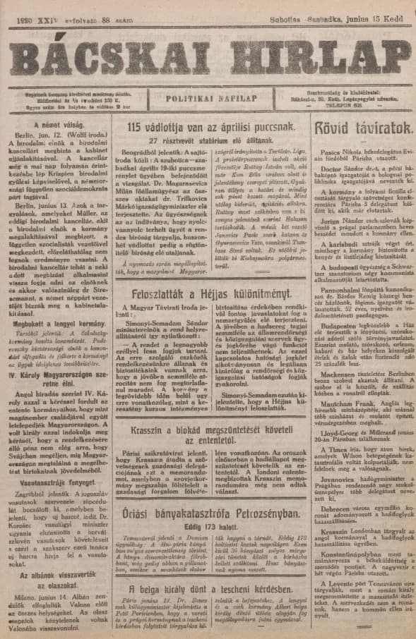 Bácskai Hirlap, 24. évf. 1920. június 15. 88. sz.