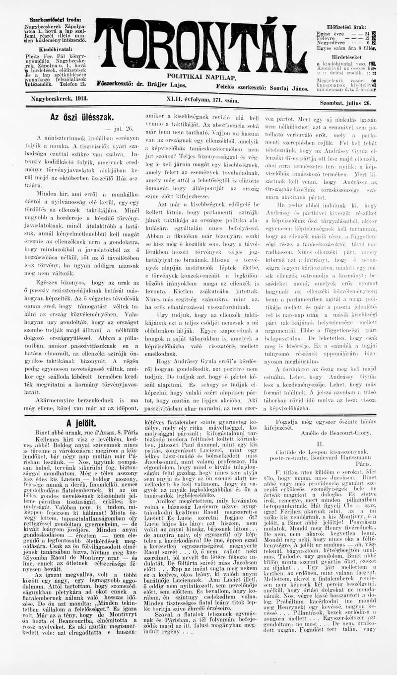 Torontál, 42. évf. 1913. július 26. 171. sz.