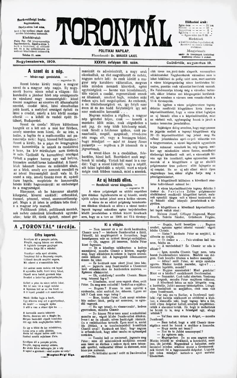 Torontál, 38. évf. 1909. augusztus 19. 188. sz.