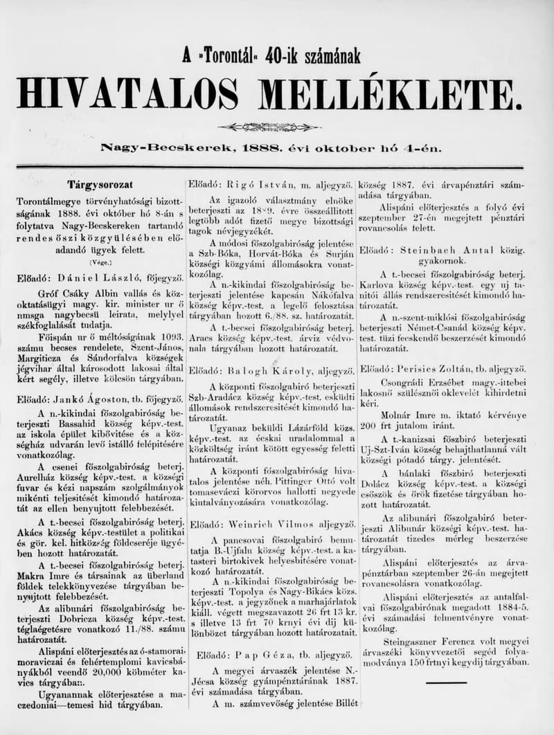 A Totontál  hivatalos melléklete, 1. évf. 1888. október 4. 40. sz.