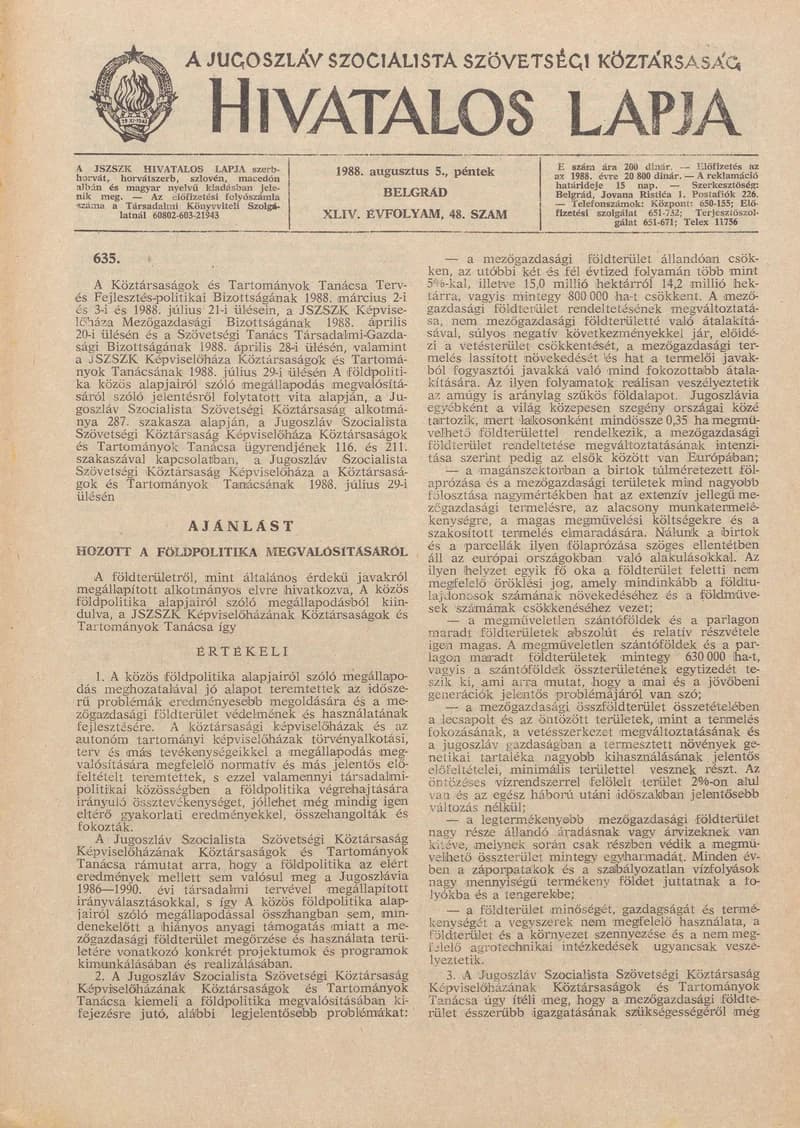 A Jugoszláv Szocialista Szövetségi Köztársaság Hivatalos Lapja, 44. évf. 1988. augusztus 5. 48. sz. 1309–1316. oldal