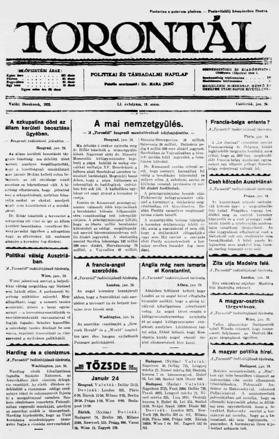 Torontál, 51. évf. 1922. január 26. 19. sz.