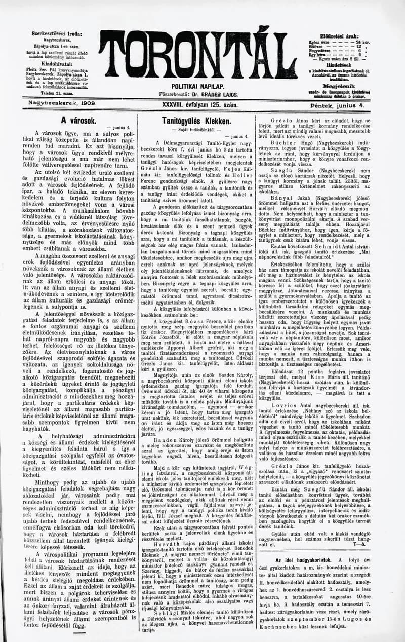 Torontál, 38. évf. 1909. június 4. 125. sz.