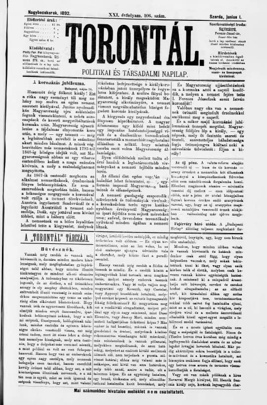 Torontál, 21. évf. 1892. június 1. 106. sz.