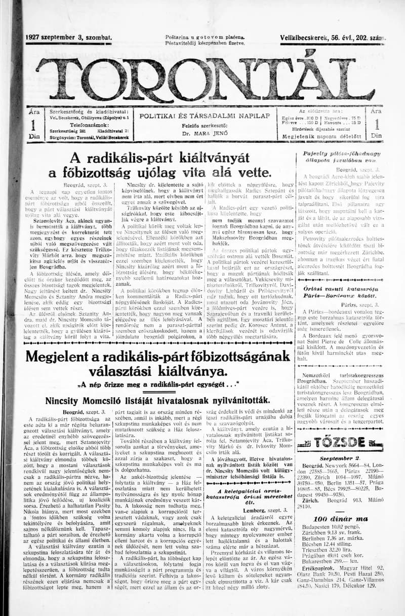 Torontál, 56. évf. 1927. szeptember 3. 202. sz.