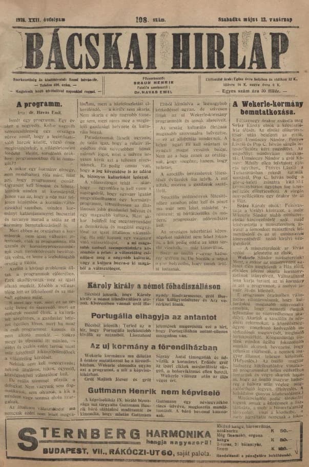 Bácskai Hirlap, 22. évf. 1918. május 12. 108. sz.