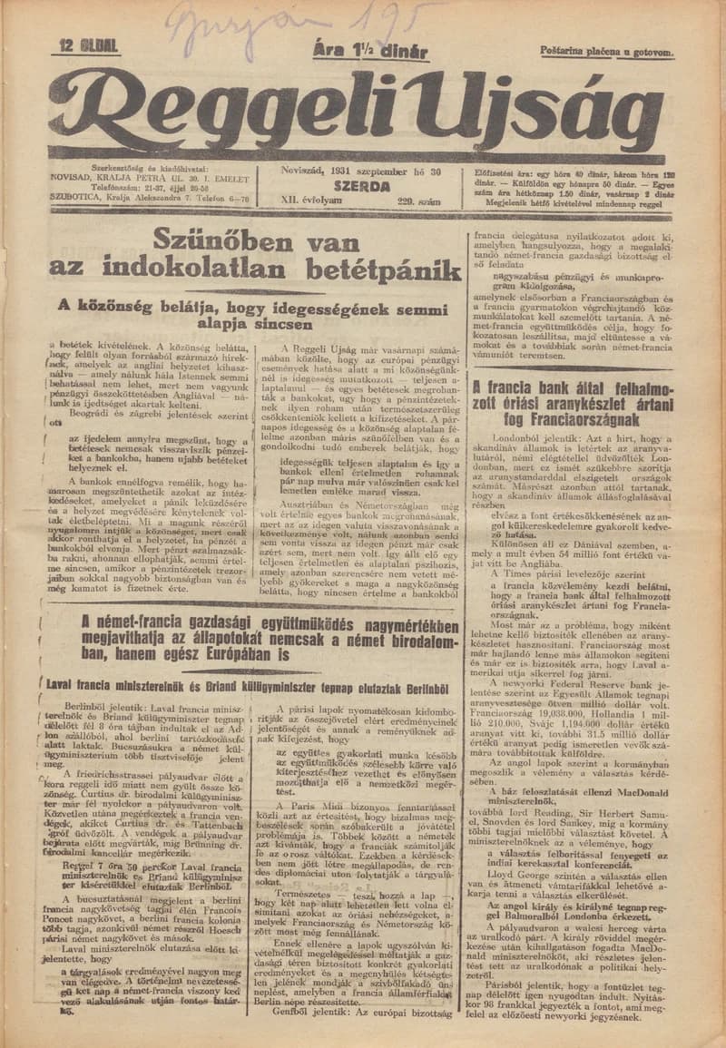 Reggeli Újság, 12. évf. 1931. szeptember 30. 229. sz.