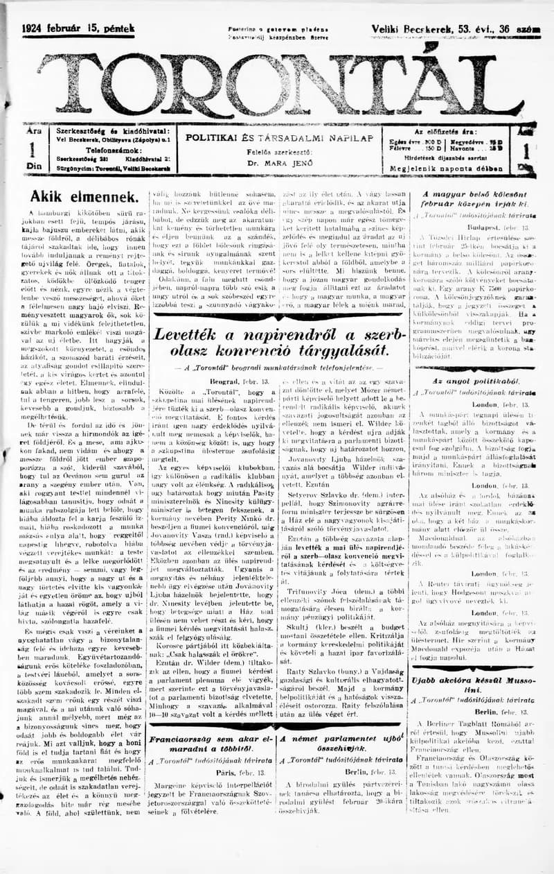 Torontál, 53. évf. 1924. február 15. 36. sz.