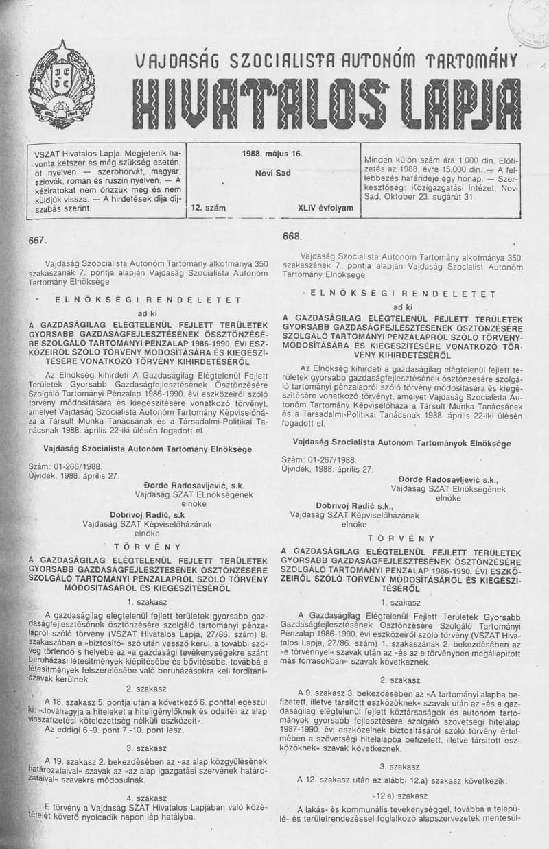 Vajdaság Szocialista Autonóm Tartomány Hivatalos Lapja, 44. évf. 1988. május 16. 12. sz.