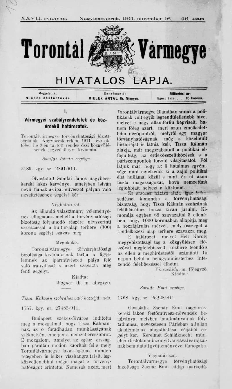 Torontál Vármegye Hivatalos Lapja, 27. évf. 1911. november 16. 46. sz.