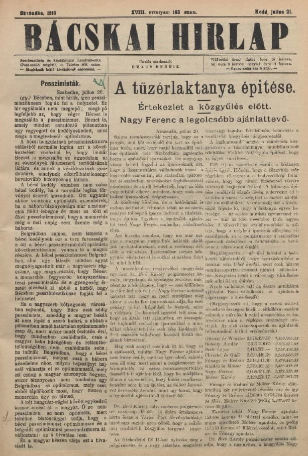 Bácskai Hirlap, 18. évf. 1914. július 21. 163. sz.