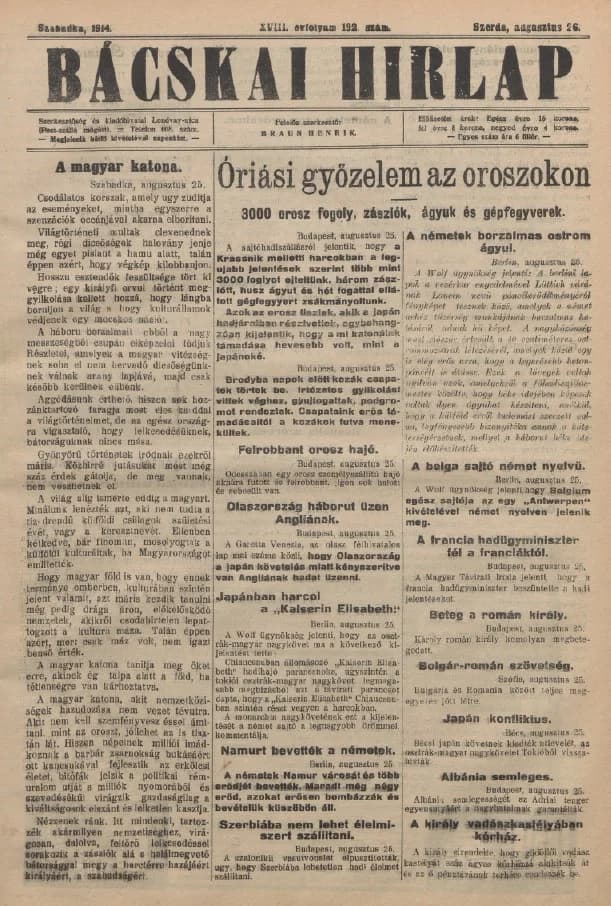 Bácskai Hirlap, 18. évf. 1914. augusztus 26. 192. sz.