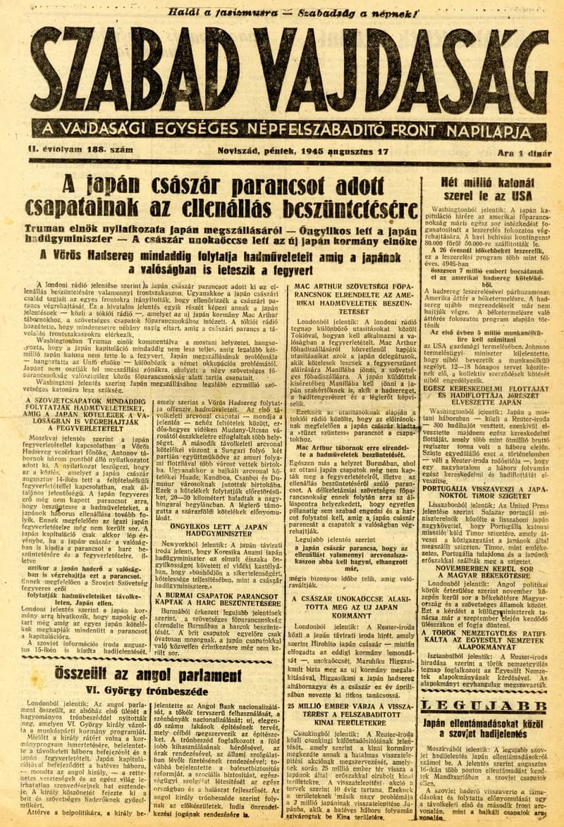 Szabad Vajdaság, 2. évf. 1945. augusztus 17. 188. sz.