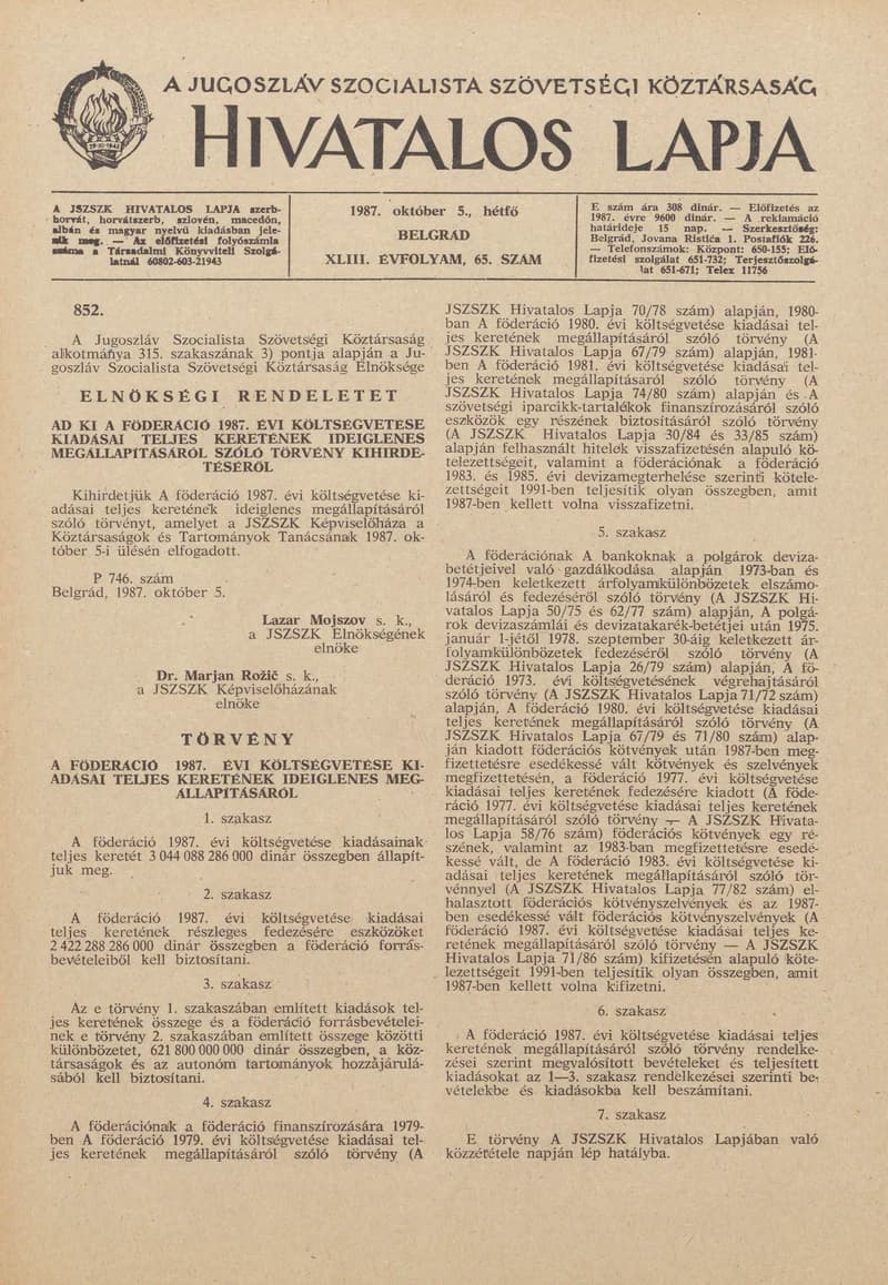 A Jugoszláv Szocialista Szövetségi Köztársaság Hivatalos Lapja, 43. évf. 1987. október 5. 65. sz. 1513–1540. oldal
