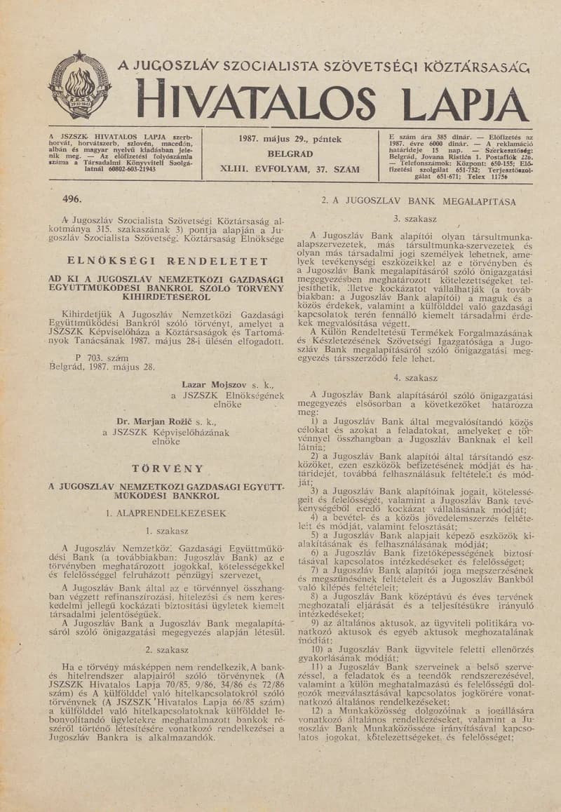 A Jugoszláv Szocialista Szövetségi Köztársaság Hivatalos Lapja, 43. évf. 1987. május 29. 37. sz. 909–952. oldal