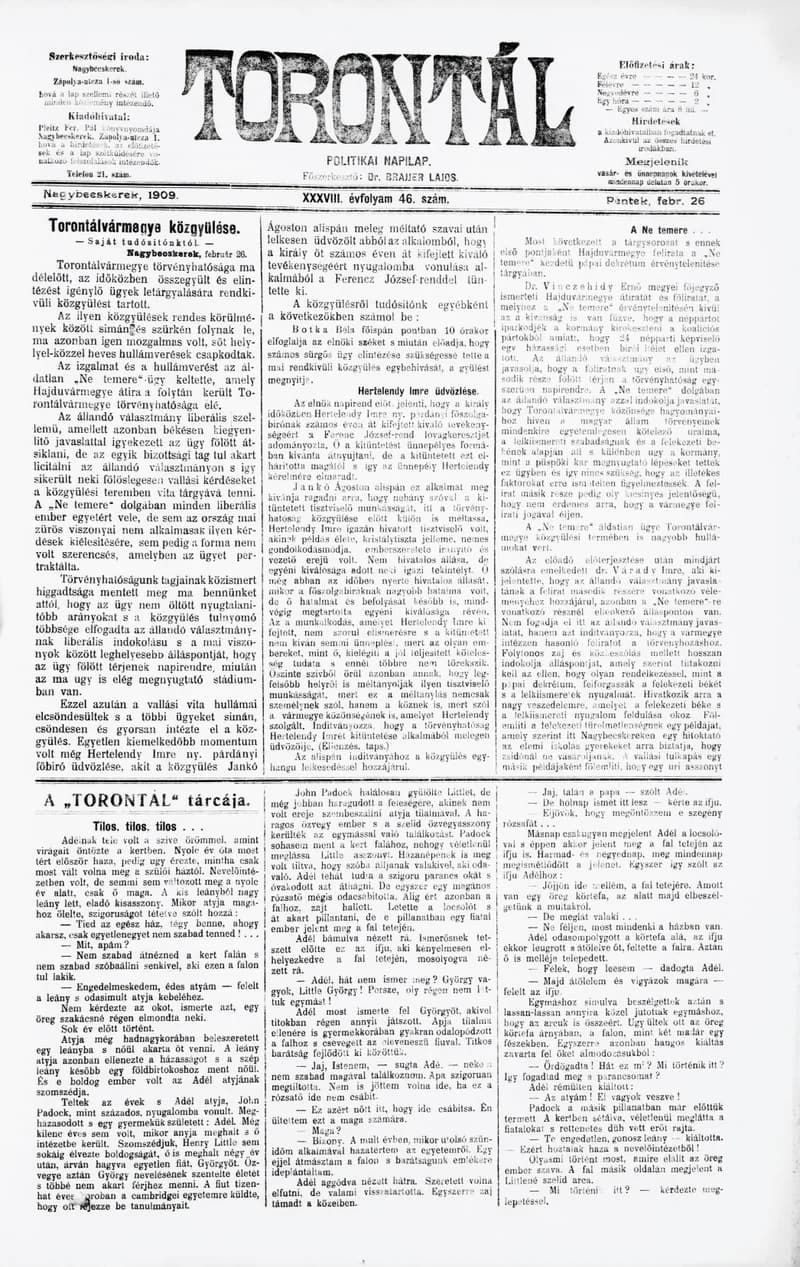 Torontál, 38. évf. 1909. február 26. 46. sz.