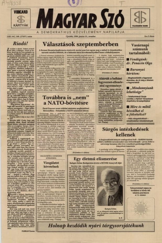 Magyar Szó, 53. évf. 1996. június 15. 140. sz. 1–16. oldal