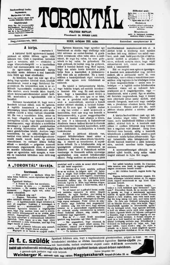 Torontál, 39. évf. 1910. szeptember 3. 200. sz.
