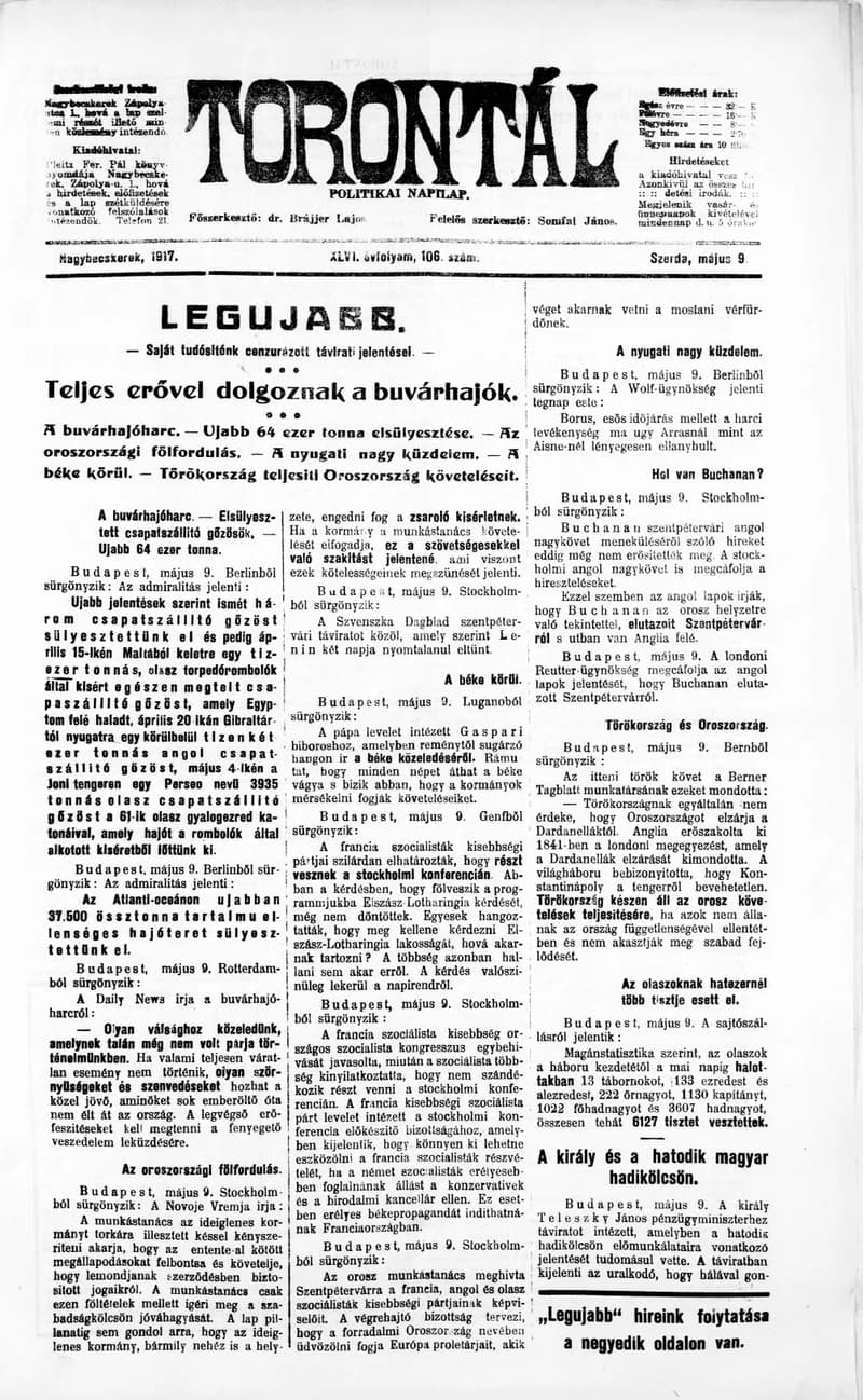 Torontál, 46. évf. 1917. május 9. 106. sz.