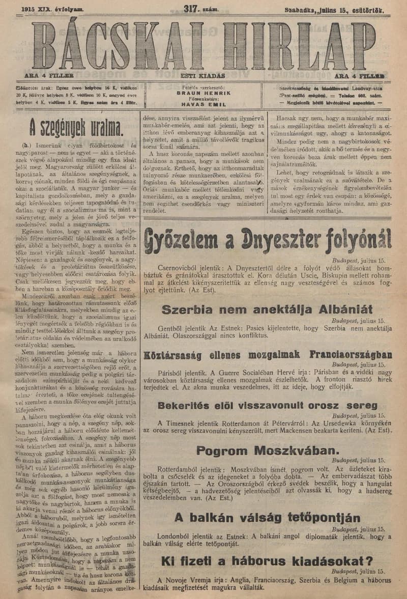Bácskai Hirlap, 19. évf. 1915. július 15. 317. sz.